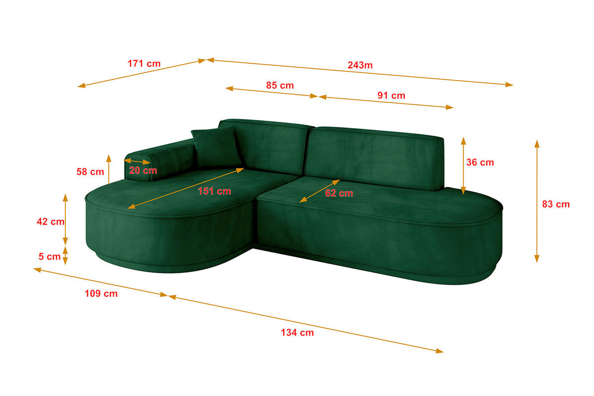 ECKSOFA Ottomane Links MARI-L1-v3 - 243x171x83 cm Dunkelgrün Velours - Dunkelgrün/Schwarz, Holzwerkstoff/Kunststoff (243/171cm) - ALTDECOR