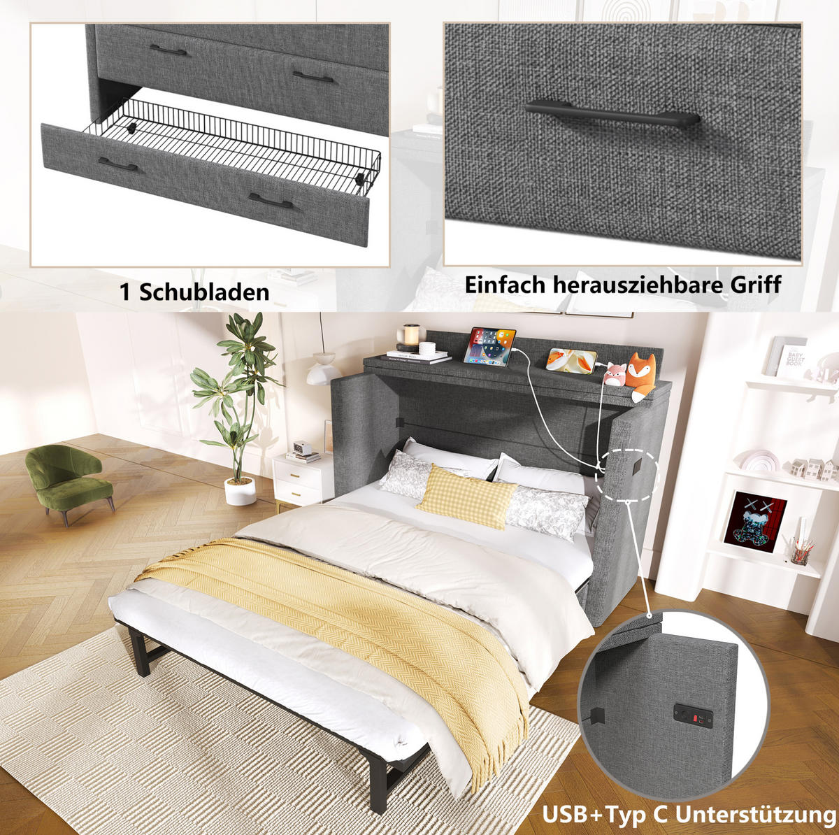 SCHRANKBETT aus Leinen und MDF 140x200 cm Grau mit Schublade, Ablagefach sowie USB- und Typ-C-Anschlüssen - Grau, Textil (90/200cm) - IVMEU