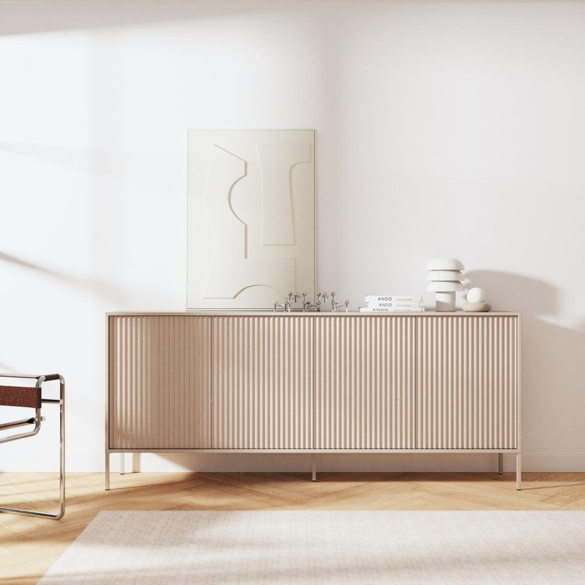 KOMMODE Noto mit 4 Türen und geriffelten Fronten, 200 cm - Kaschmir, Holzwerkstoff (204/38/87cm) - Beautysofa
