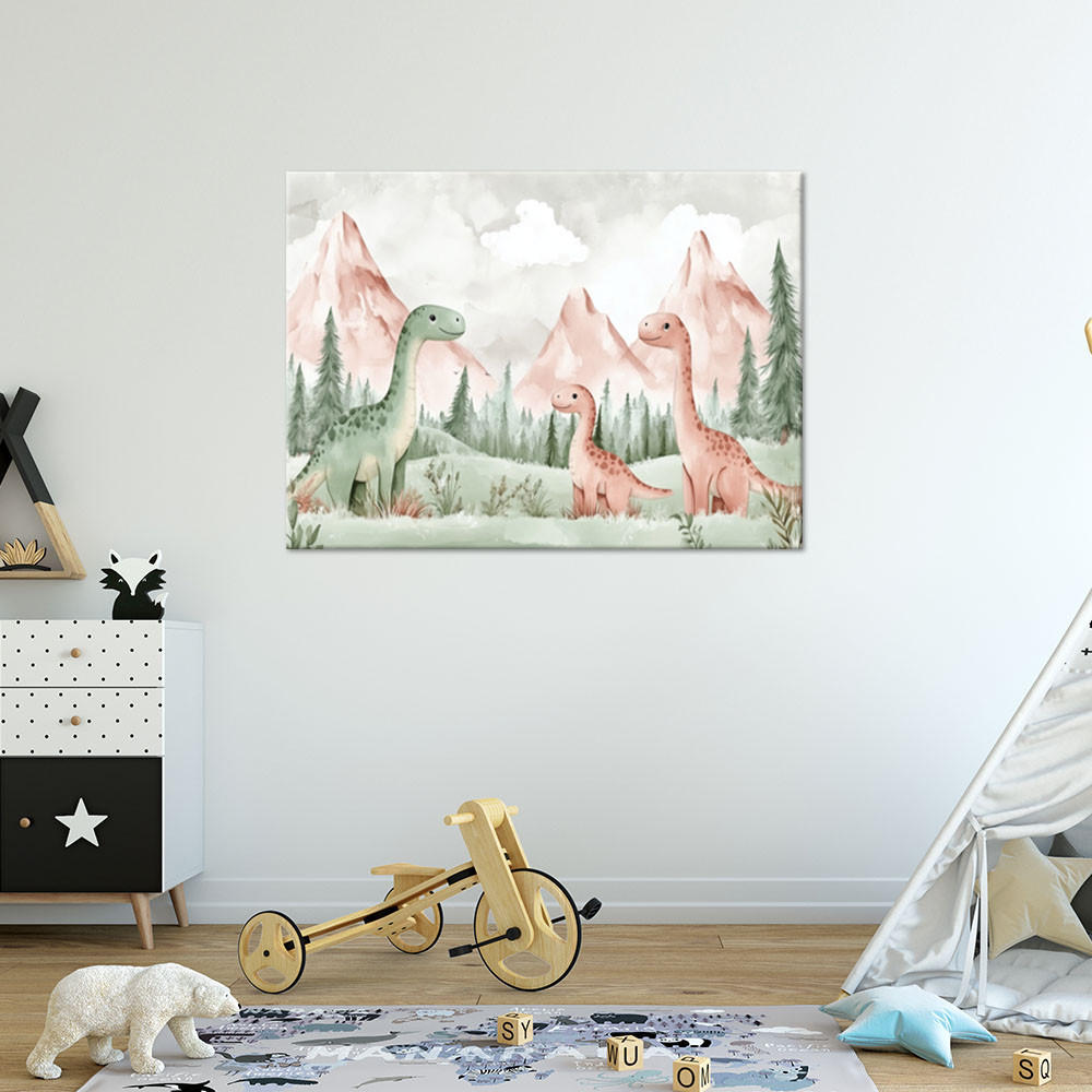 WANDBILD für kinderzimmer dinosaurier berge grüner wald - Grün, Textil (120/80cm) - Feeby