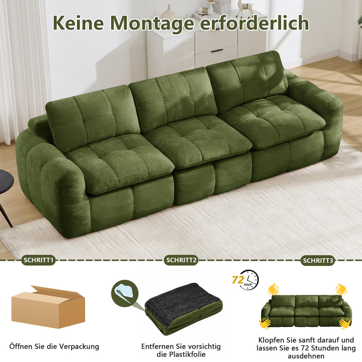 3-SITS SOFFA Modulär chenille rutsteppad grön - Grön, Textil (264/68/97cm) - Urban Meuble