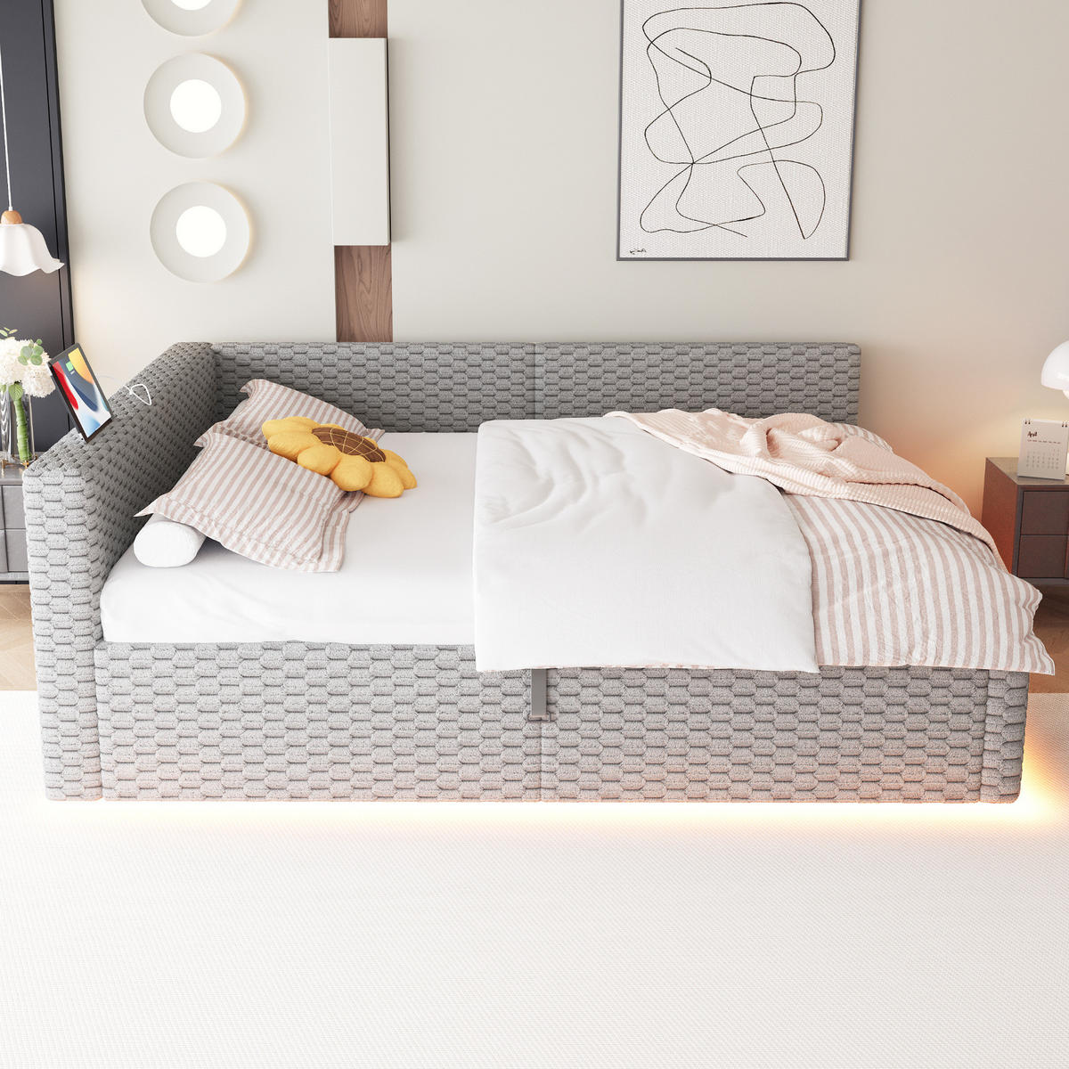 ČALOUNĚNÁ postel 140/200 cm šedá z sametu s LED osvětlením, USB-C a úložným prostorem - šedá, textil (140/200cm) - OKWISH