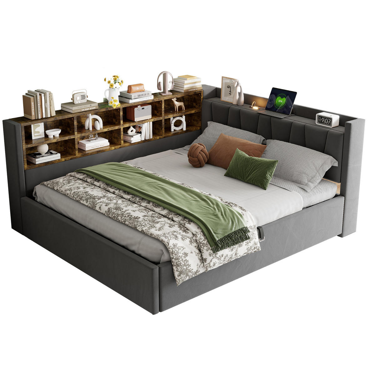 POLSTERBETT 140/200 cm aus Samtstoff mit Stauraum USB und Typ-C Dunkelgrau - Grau, Textil (140/200cm) - Modenvie