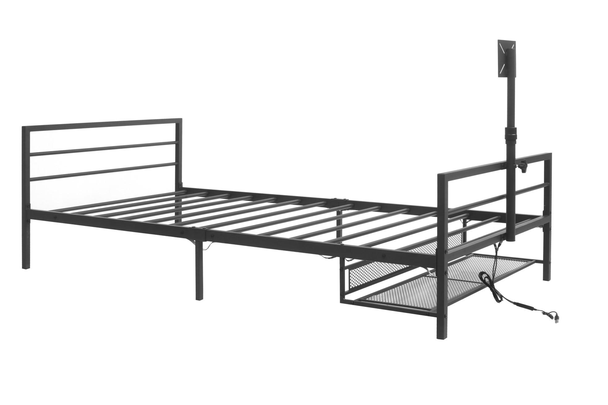 Redom KOVOVÁ postel 206 cm s LED osvětlením, nastavitelným držákem monitoru a úložným košem, černá