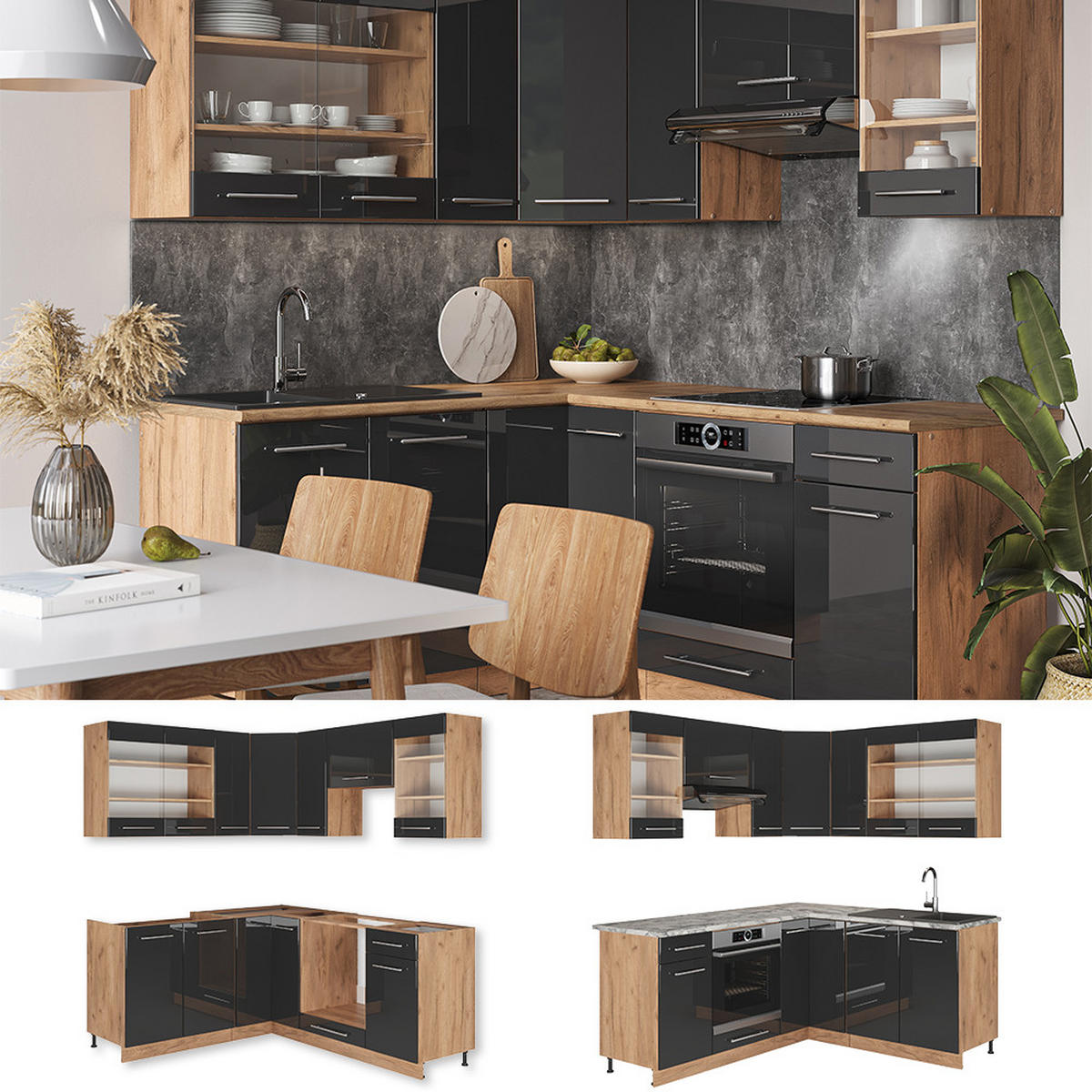ECKKÜCHE Fame-Line Anthrazit Hochglanz/Goldkraft Eiche 160 x 190 cm AP Marmor - Anthrazit/Eiche Wotan, Holzwerkstoff (190/81.6/60cm) - Vicco