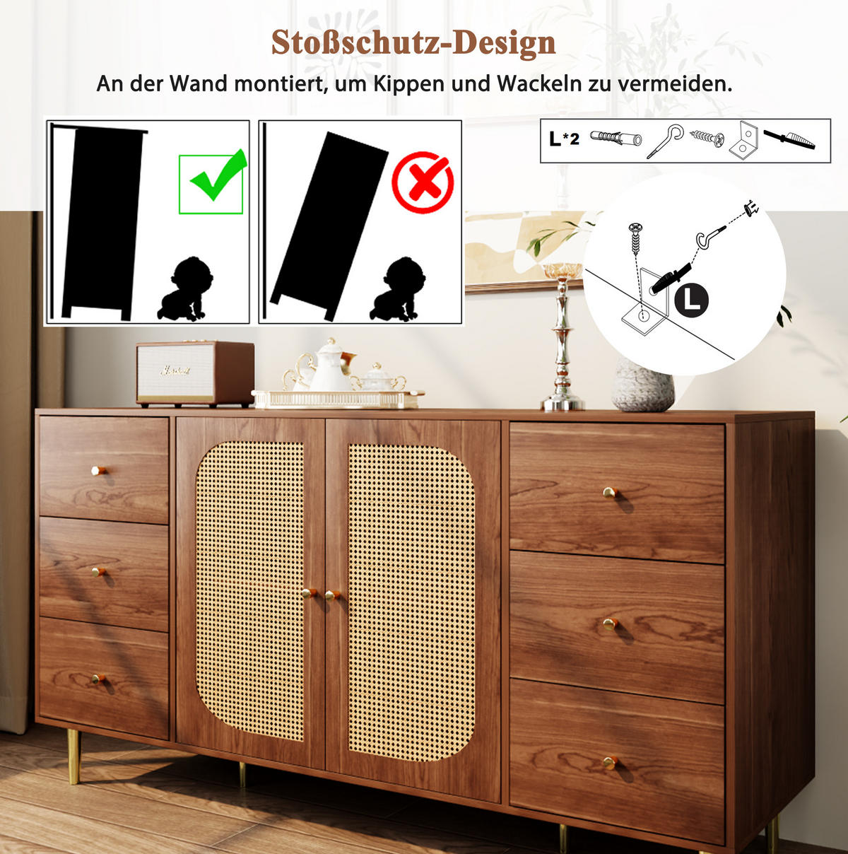 SIDEBOARD 160/40/90 cm aus MDF mit Rattantüren Natur - Eichefarben, Holzwerkstoff (160/90/40cm) - Modenvie