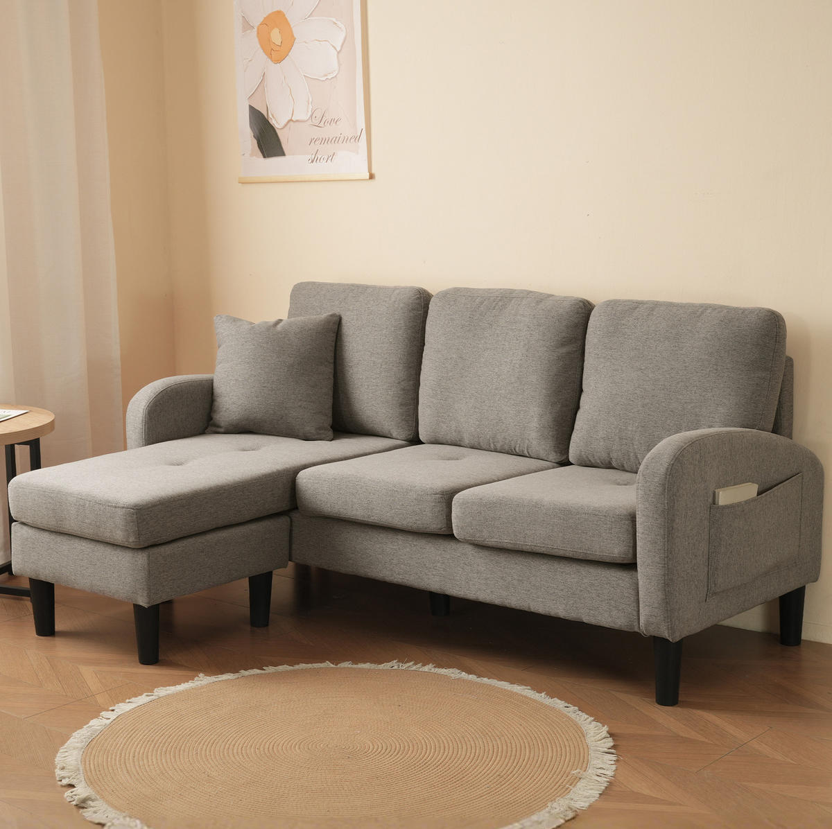 ECKSOFA L-Form 3-Sitzer mit Chaiselongue Baumwoll-Leinenstoff Dunkelgrau 166/118/77 cm - Dunkelgrau, Kunststoff (166/118cm) - OKWISH