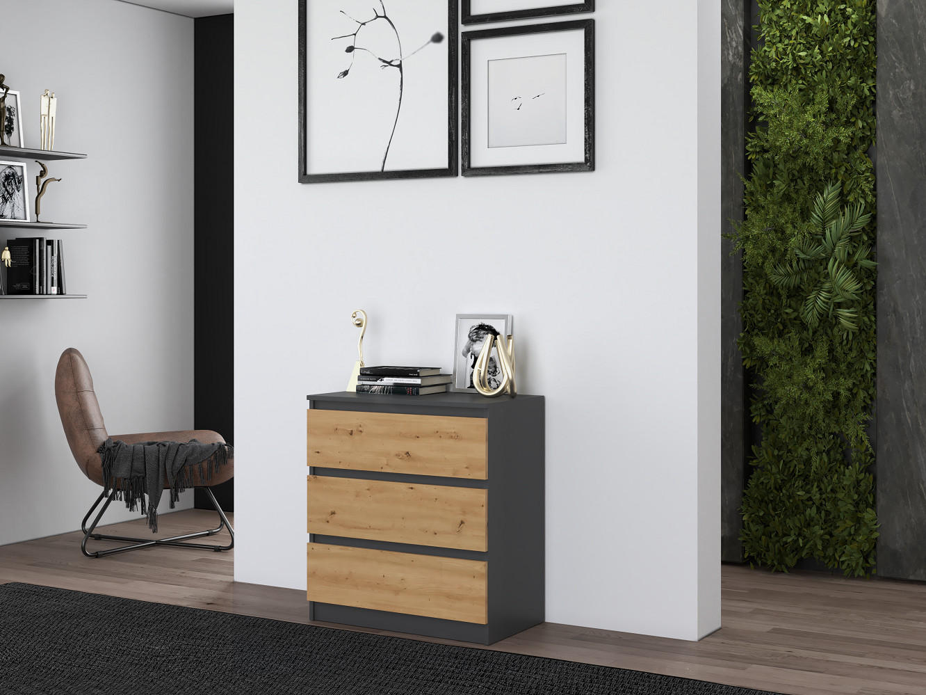 KOMMODE 3 SCHUBLADEN M3 - ANTHRAZIT / EICHE ARTISAN - Anthrazit/Eiche Artisan, Holzwerkstoff (70/75/40cm) - CDF