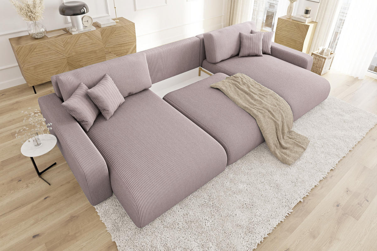 WOHNLANDSCHAFT Emma Puderrosa Cord - Pink/Schwarz, Holz/Kunststoff (332/170cm) - S-Style Möbel
