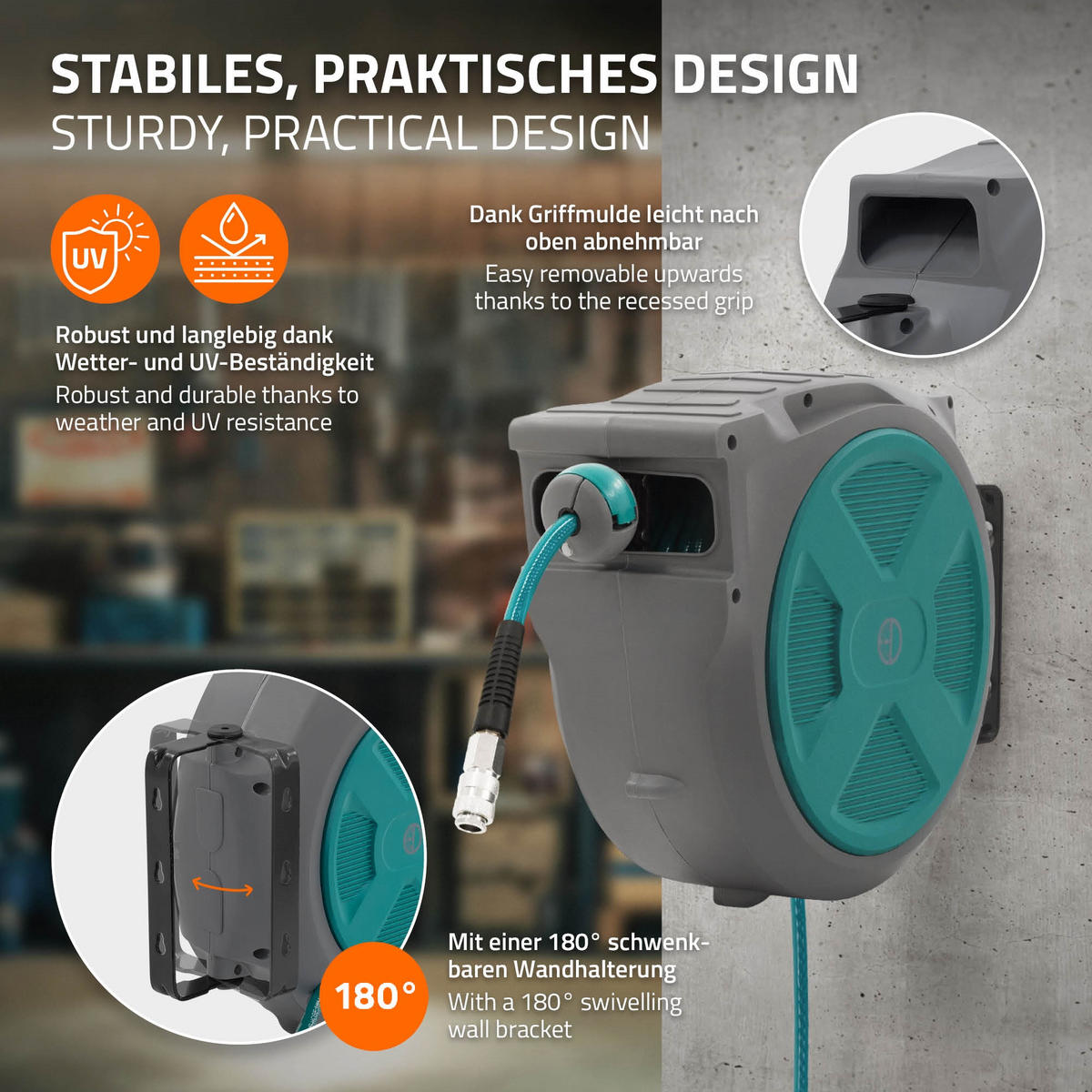 DRUCKLUFTSCHLAUCHTROMMEL 20m+2m - Grau, Kunststoff (17/34.5/47cm) - ECD-Germany