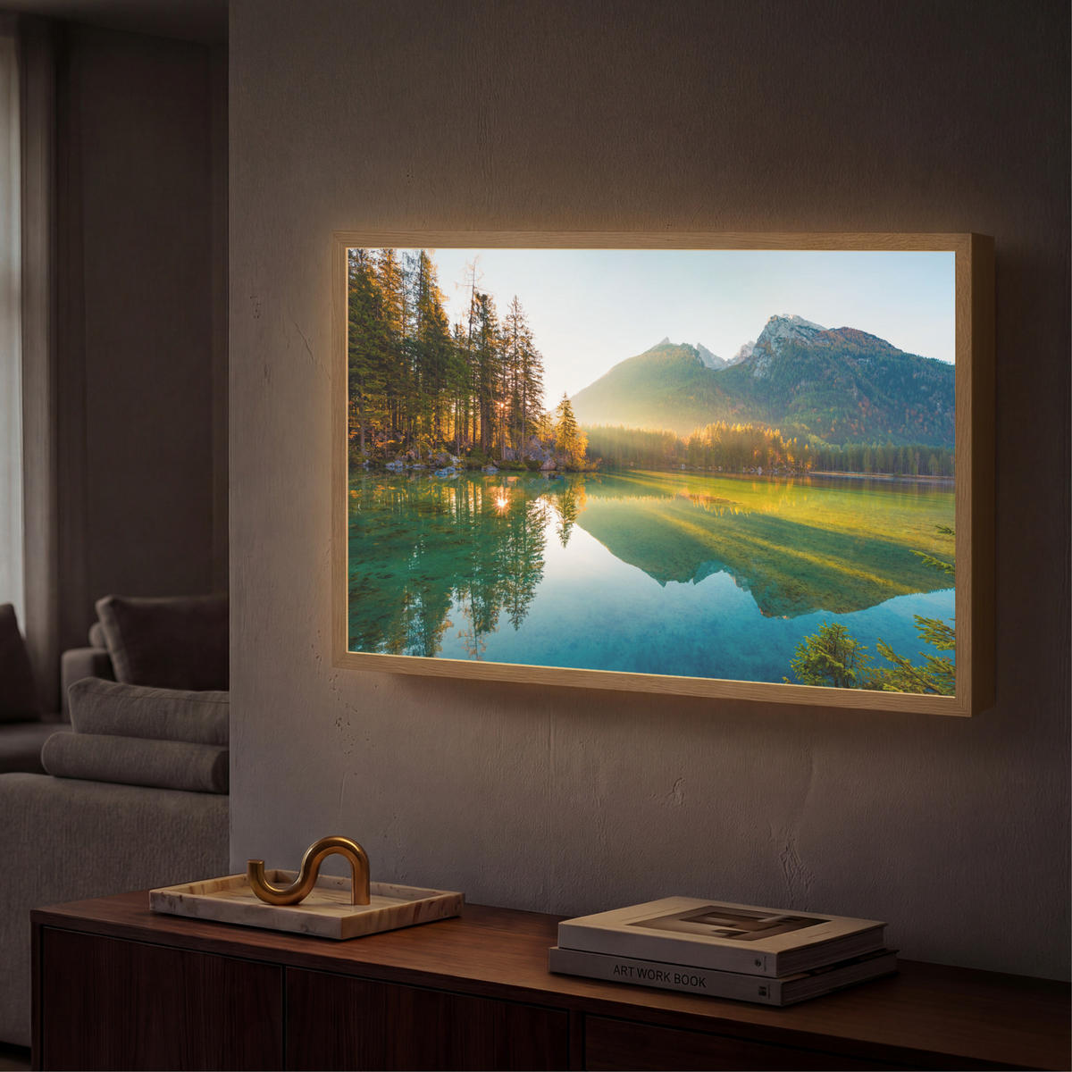 WANDLEUCHTE MIT AKKU See - Wald - Berge - Natur - Sonne - Landschaft 60x40 cm - Grün, Holzwerkstoff (60/40/8cm) - OnlyWow