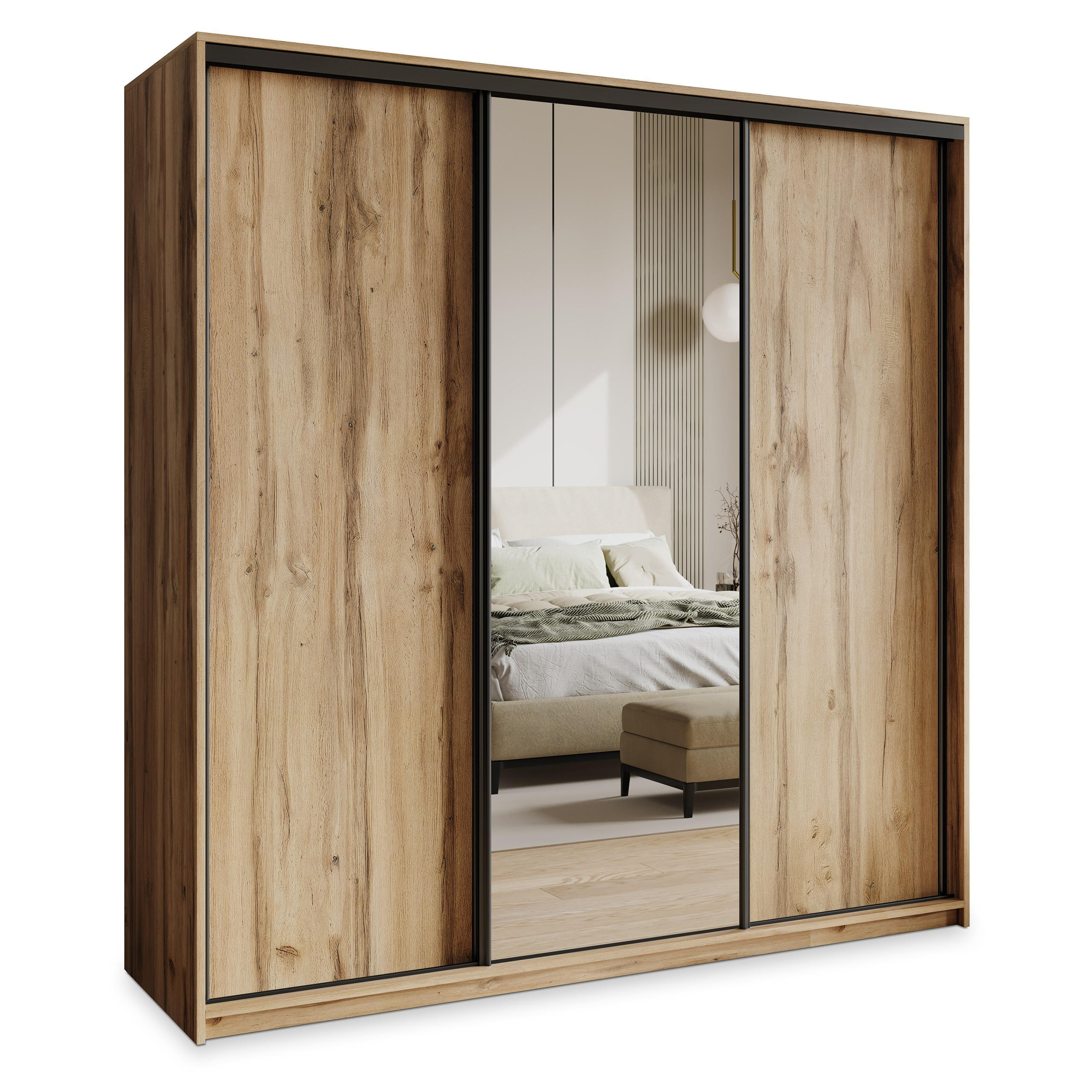 SCHWEBETÜRENSCHRANK TAVI 180/205/60 cm 3-türig mit Spiegel und Schubladen Eiche Wotan - Eiche Wotan/Schwarz, Holzwerkstoff (180/205/60cm) - MASSENO