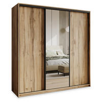SCHWEBETÜRENSCHRANK TAVI 180/205/60 cm 3-türig mit Spiegel und Schubladen Eiche Wotan - Eiche Wotan/Schwarz, Holzwerkstoff (180/205/60cm) - MASSENO