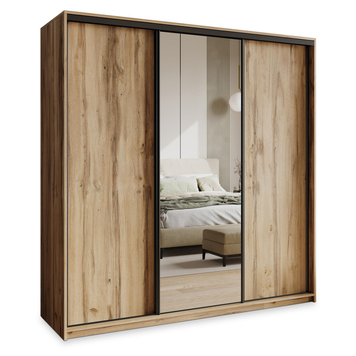 SCHWEBETÜRENSCHRANK TAVI 180/205/60 cm 3-türig mit Spiegel und Schubladen Eiche Wotan - Eiche Wotan/Schwarz, Holzwerkstoff (180/205/60cm) - MASSENO