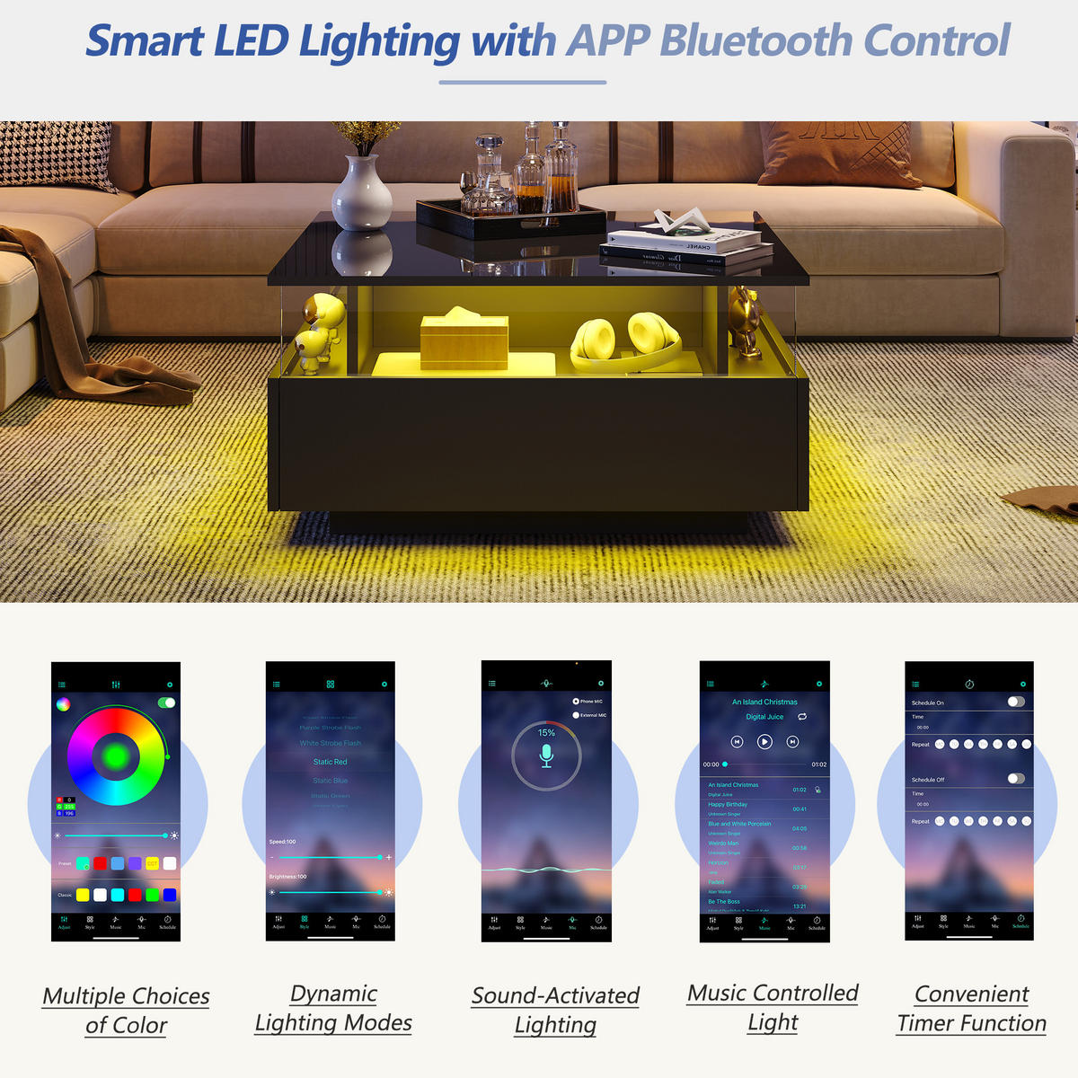 COUCHTISCH DE-033 LuxGlow Schwarz - Schwarz, Holzwerkstoff (70/70/41cm) - ComfortXL