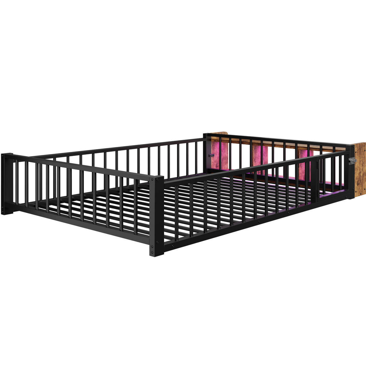KINDERBETT aus Metall und MDF 140x200 cm Schwarz mit Schutzgeländer, LED-Beleuchtung und Staufach - Schwarz, Holzwerkstoff (140/200cm) - IVMEU