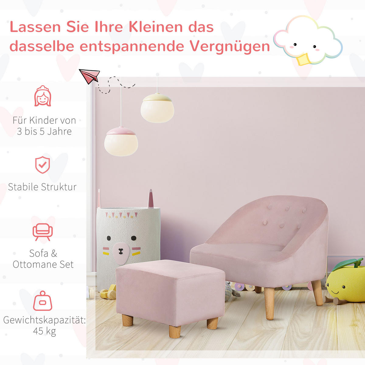 KINDERSESSEL, Rosa, Eukalyptusholz - Rosa, Holz (51/50/51cm) - HOMCOM