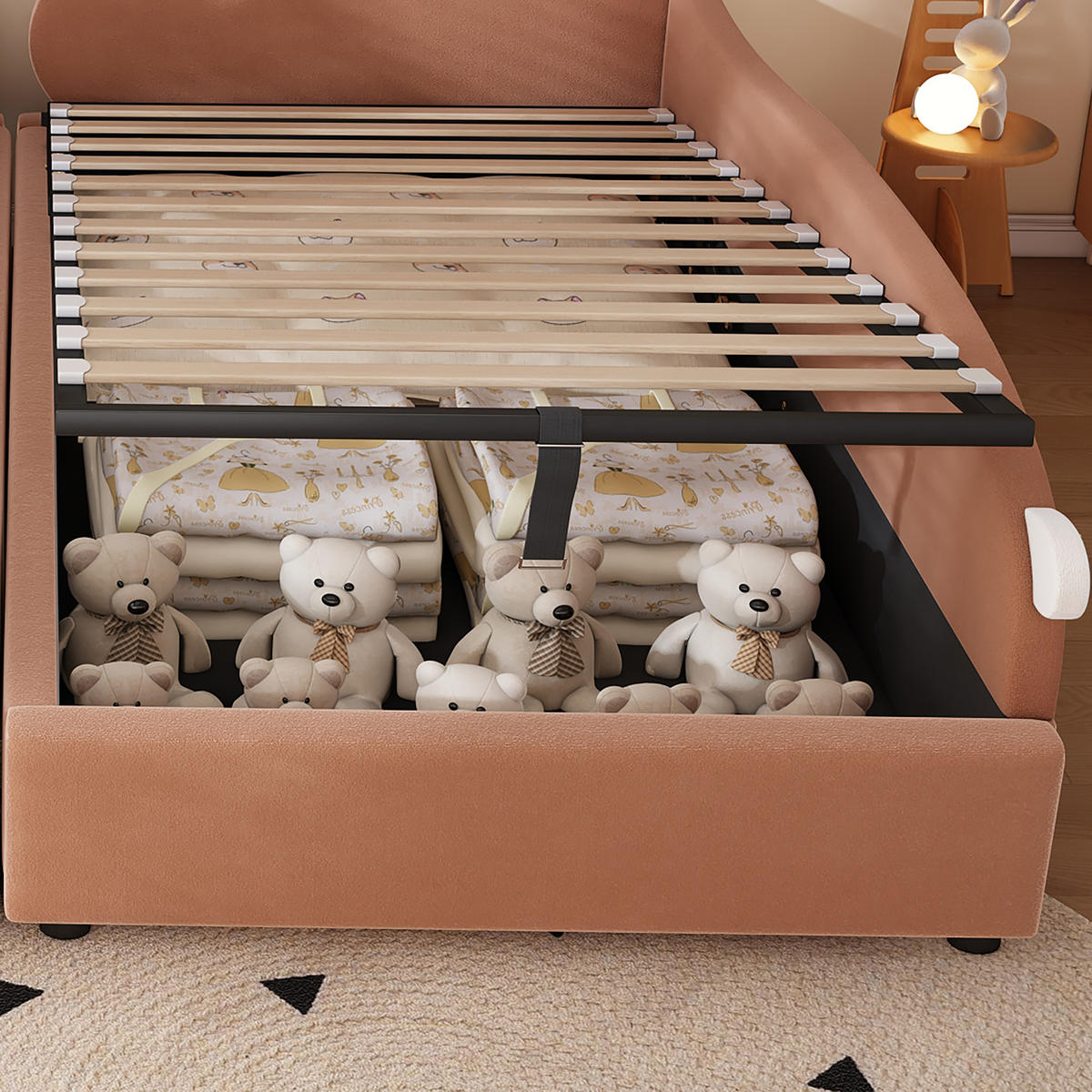 POLSTERBETT 90/200 cm Rosa mit Häschen-Kopfteil und Stauraum aus Samt - Dunkelrosa, Textil (90/200cm) - OKWISH