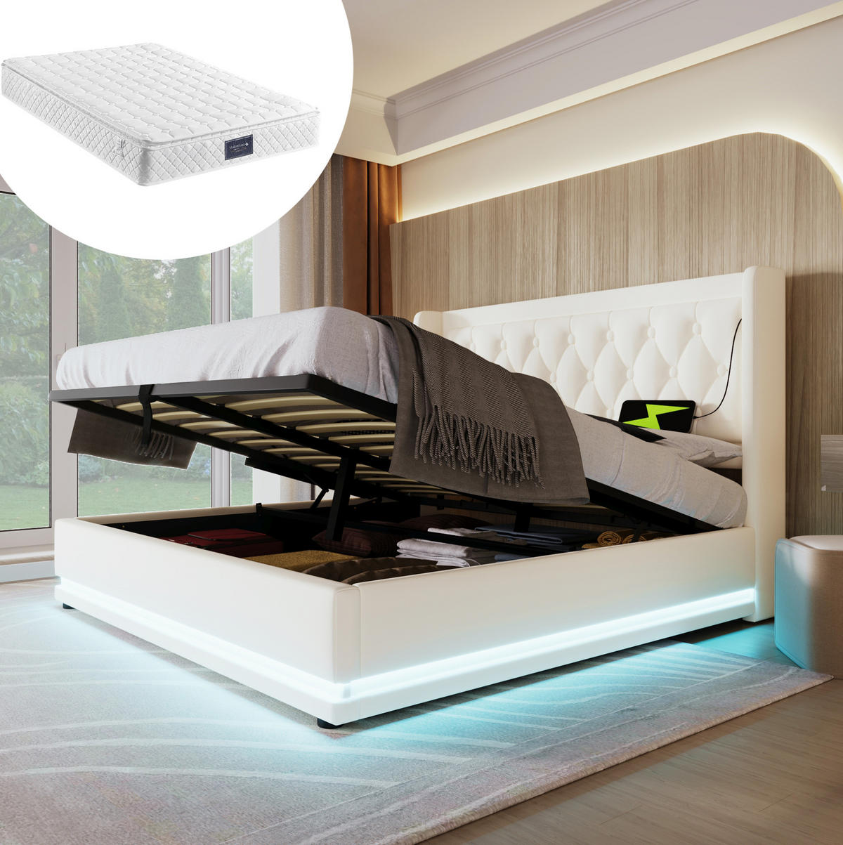 POLSTERBETT 160/200 cm Weiß aus PU mit Matratze, LED und Stauraum - Weiß, Kunststoff (160/200cm) - OKMYHOME