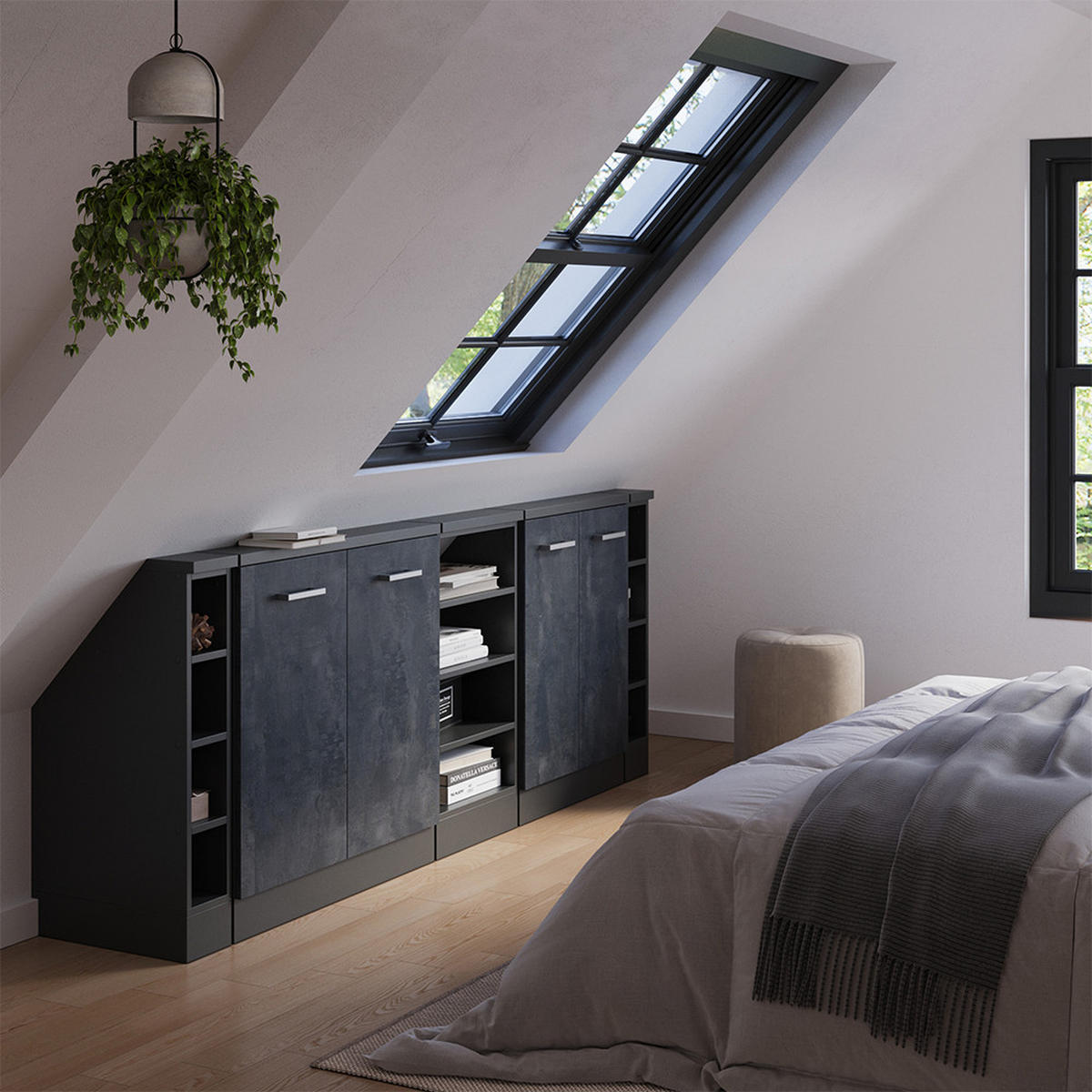 KUCHYŇSKÁ SKŘÍŇKA POD ŠIKMOU STŘECHU R-Line Černý beton/antracit - černá/antracitová, kompozitní dřevo (210/81.6/46cm) - Vicco