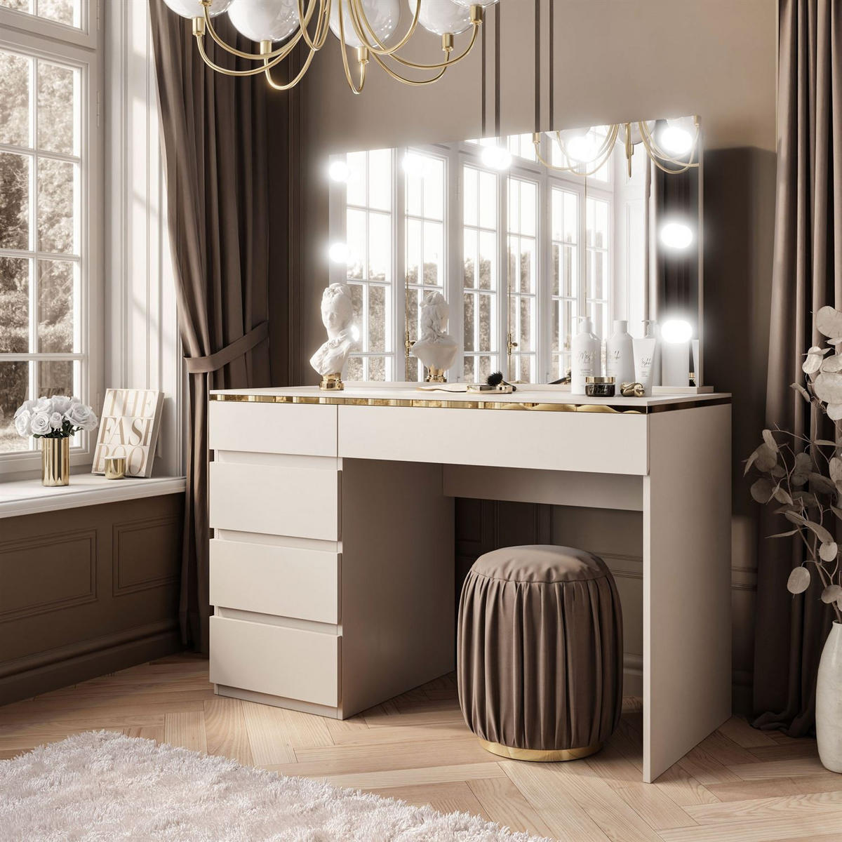 SCHMINKTISCH AURORA II ELITE KASCHMIR mit Spiegel und Beleuchtung - Kaschmir, Holzwerkstoff (120/145/55cm) - Lookway