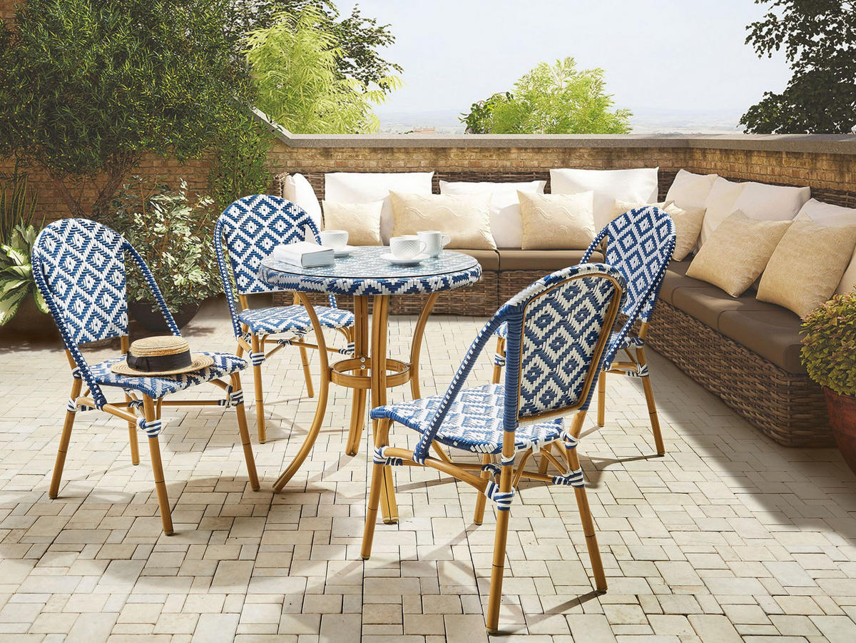 GARTENTISCH Rattan blau/weiß 70 cm Rifreddo - Blau/Weiß, Kunststoff (70/70/76cm) - Beliani