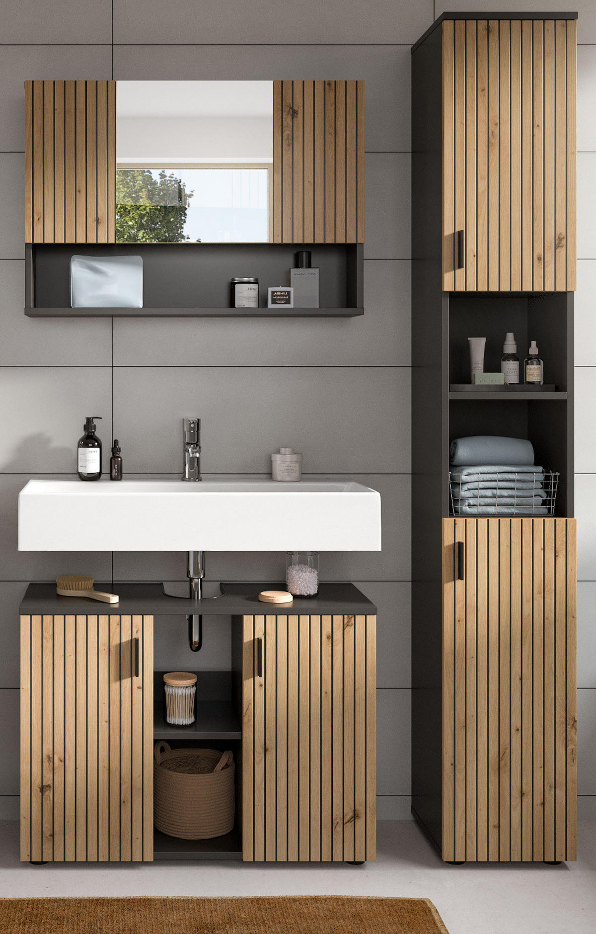 BADMÖBEL-SET Eiche, grau mit Rillen, Kombination 3-teilig 125 cm, Livia - Schwarz/Eiche Artisan, Glas/Holzwerkstoff (125/192/30cm) - Inn.Furn