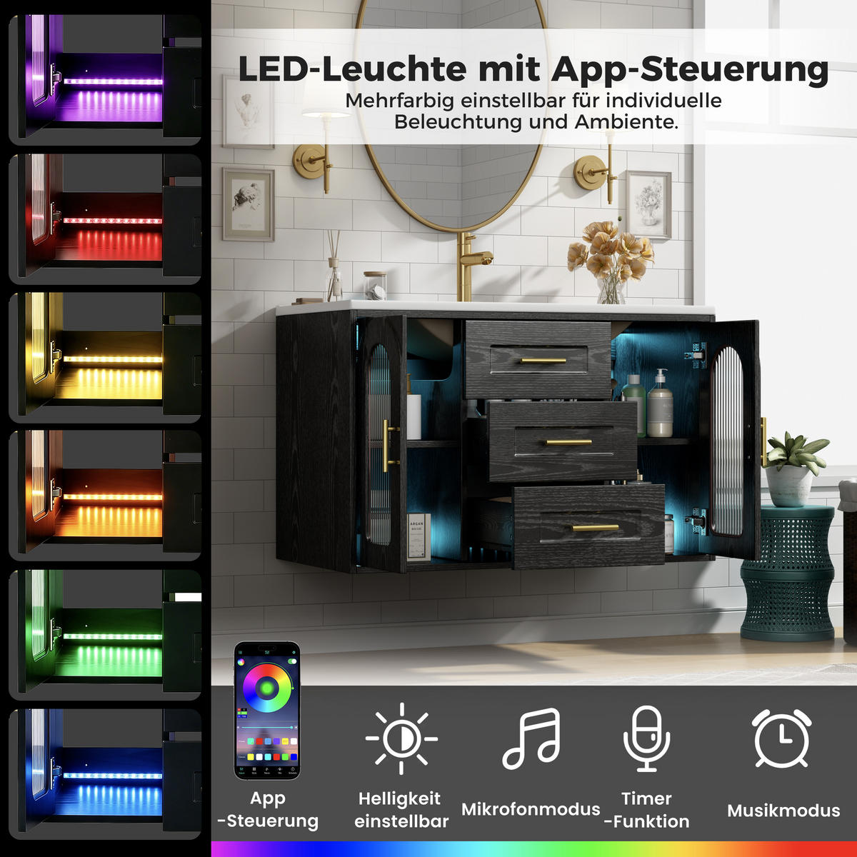 BADEZIMMERSCHRANK Wandmontiert Waschbecken LED Glasfront Schwarz 76cm - Schwarz, Glas (76/55/46cm) - FLIEKS