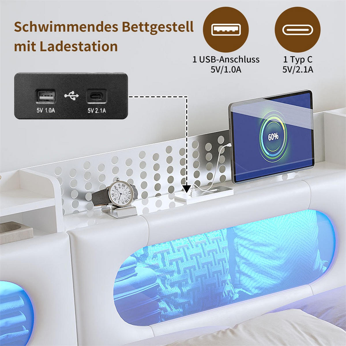 POLSTERBETT 140x200cm mit Hydraulischem Stauraum - LED-Beleuchtung - integrierter Ladestation - Weiß - Weiß, Textil (140/200cm) - DELFA