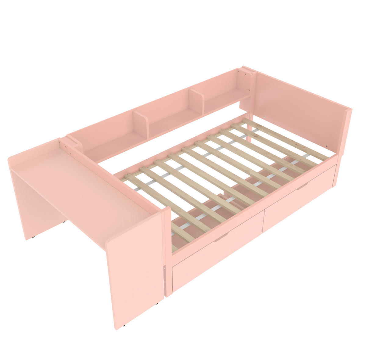 KINDERBETT 90/200 cm mit Schreibtisch, 3 Regalen, 2 Schubladen und Absturzsicherung aus Kiefer/Spanplatte, Rosa/Weiß - Rosa, Holzwerkstoff (90/200cm) - Redom