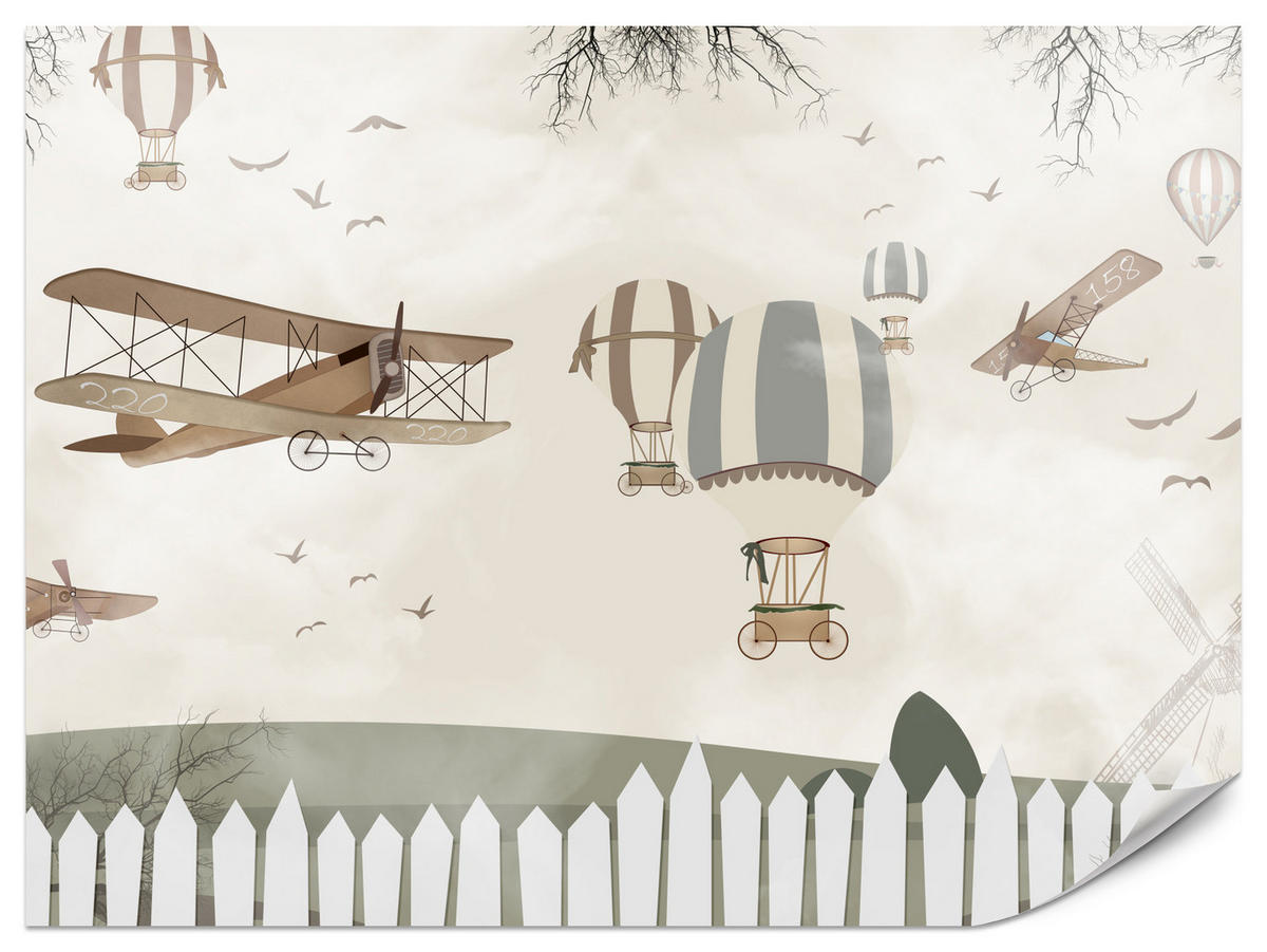 FOTOTAPETE für Kinderzimmer Retro Flugzeuge Ballons Vintage Beige 200x140 - Beige/Braun, Papier (200/140cm) - Muralo