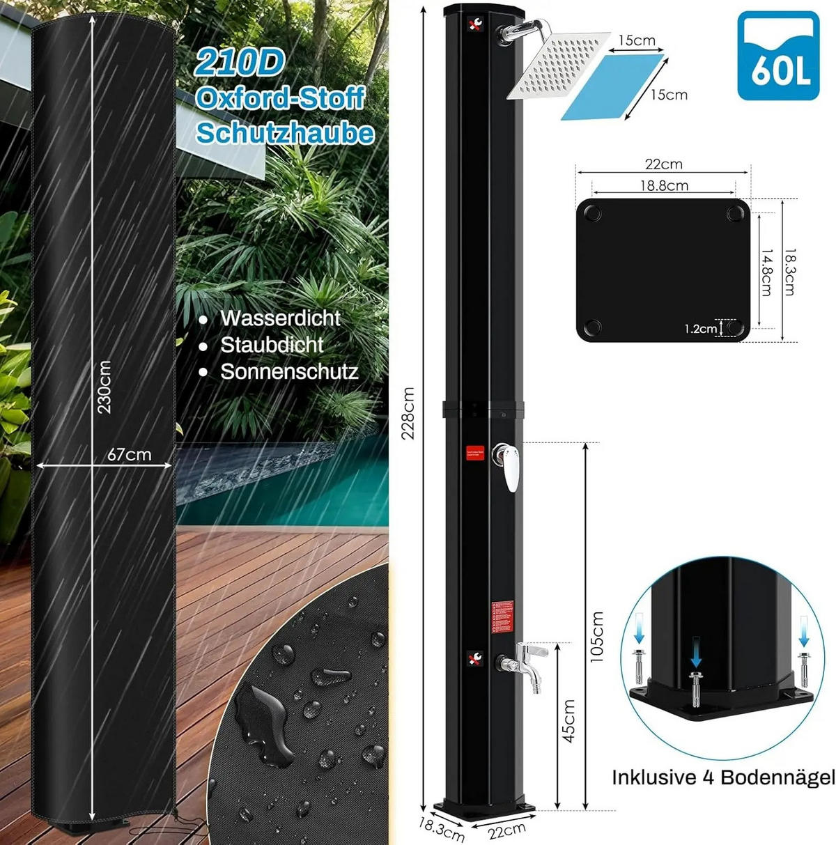 SOLARDUSCHE mit Duschkopf, 60L Kalten Heißer Schwarz für Garten Strand Pool - Schwarz, Kunststoff (22/228/18.3cm) - Kaket