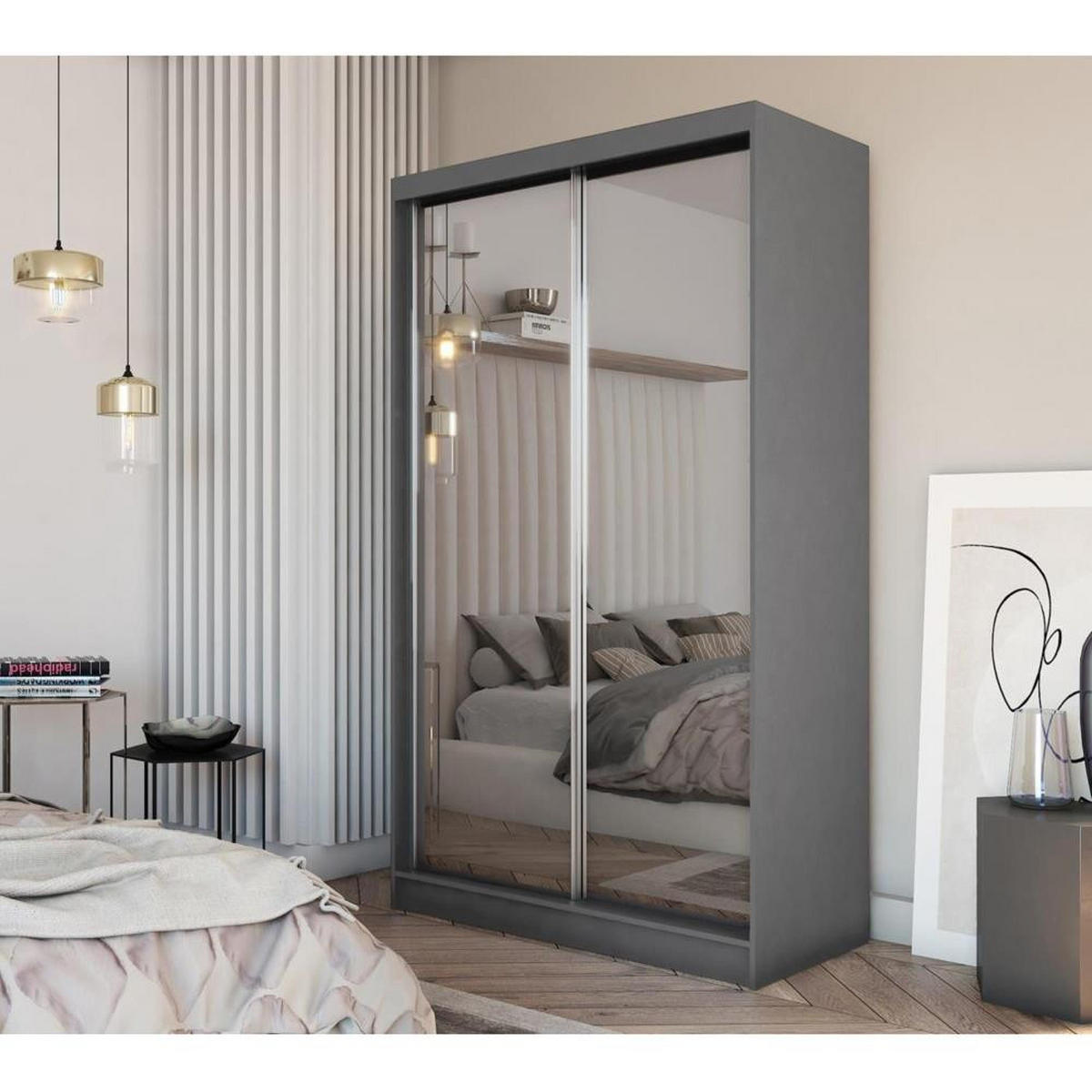 SCHWEBETÜRENSCHRANK Debra 120/216/61 graphit mit Spiegel und Schubladen - Graphitfarben, Holzwerkstoff (120/216/61cm) - Beautysofa
