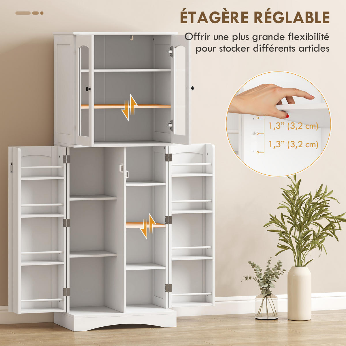 BUFFET DE-11343 Vitrine mit 4 Acryltüren & 8 Gewürzregalen Weiß - Weiß, Holzwerkstoff (40/162/60cm) - ComfortXL