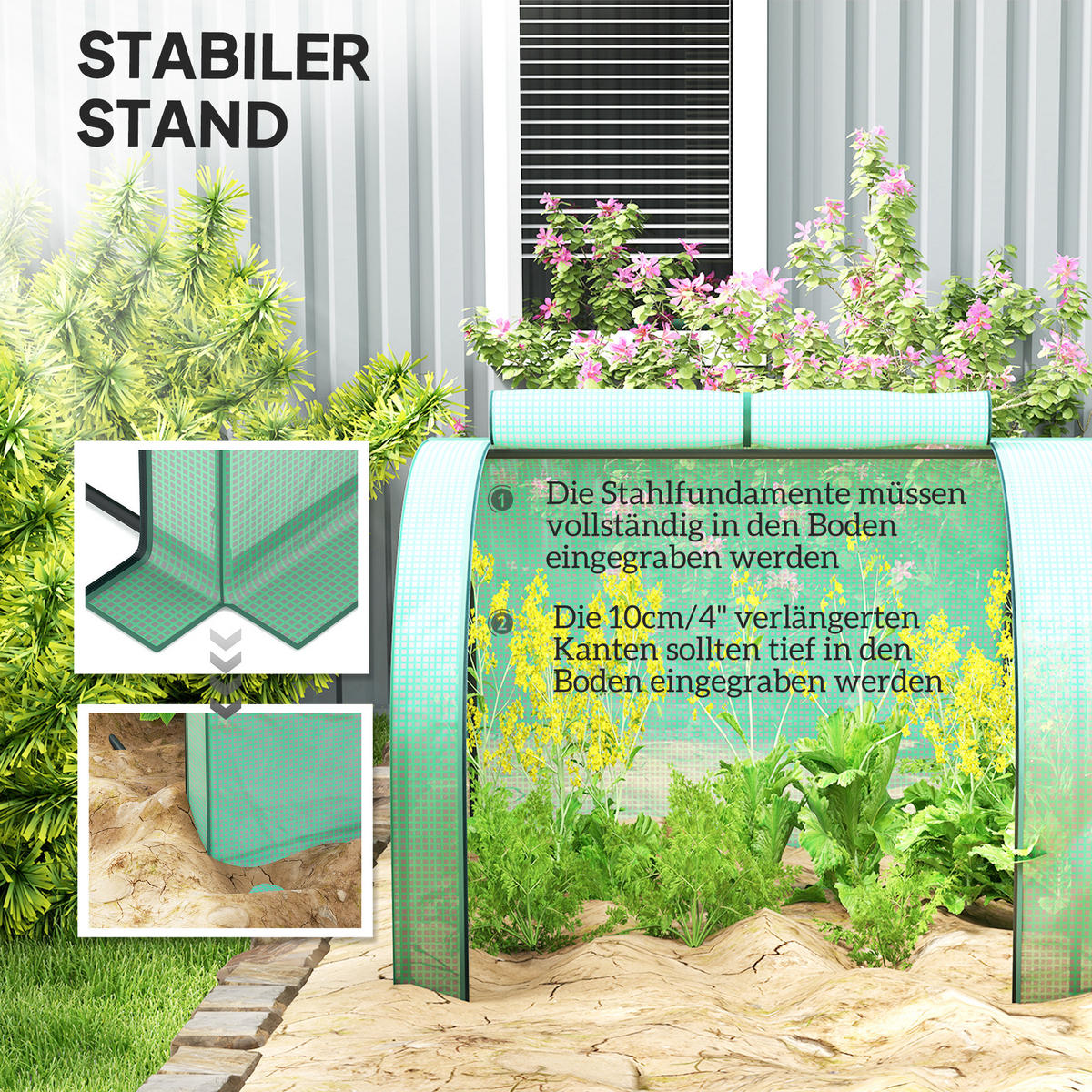 GEWÄCHSHAUS mit PE-Gitterfolie Aufrollbar Seitenwände Winterfest - Dunkelgrün, Kunststoff (100/80/395cm) - Outsunny