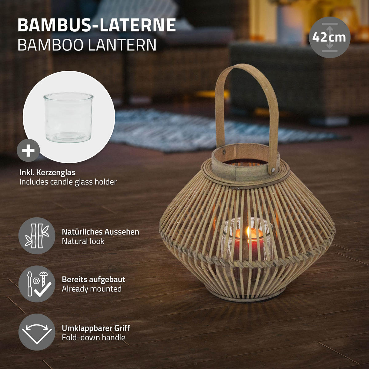 BAMBUSOVÁ LUCERNA V: 42 cm, barva dřeva, styl boho - přírodní, dřevo (31/42/31cm) - ECD-Germany