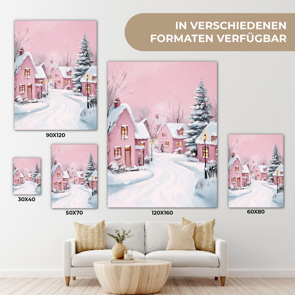 LEINWANDBILD Weihnachtsdorf - Rosa - Winter - Schnee - Häuser 30x40 cm - Altrosa, Textil (30/40cm) - MuchoWow