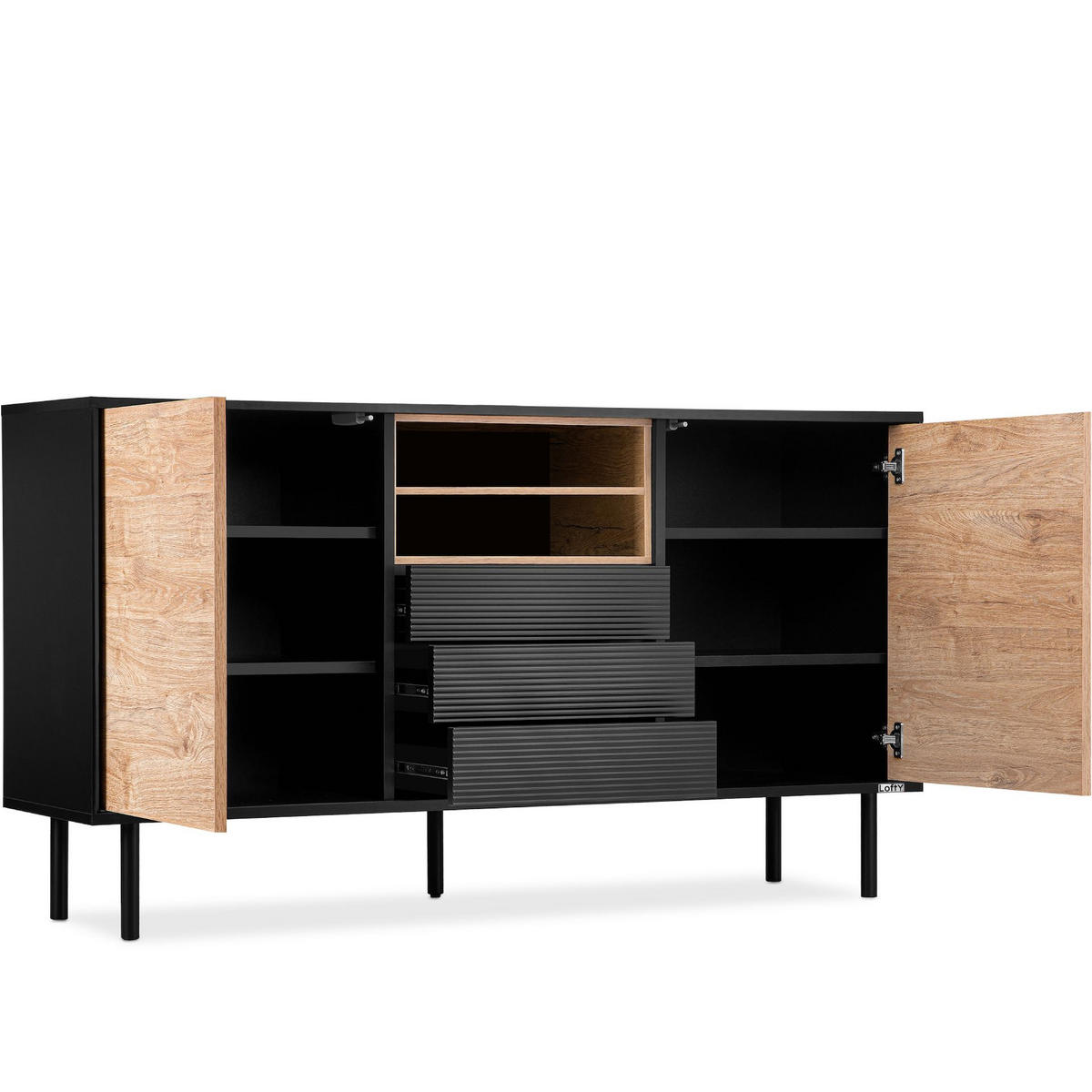 KOMMODE LOFTY TV/HiFi-Einlage, schwarz / Eiche natur - Eichefarben/Multicolor, Holzwerkstoff (151/84/41cm) - KONSIMO®