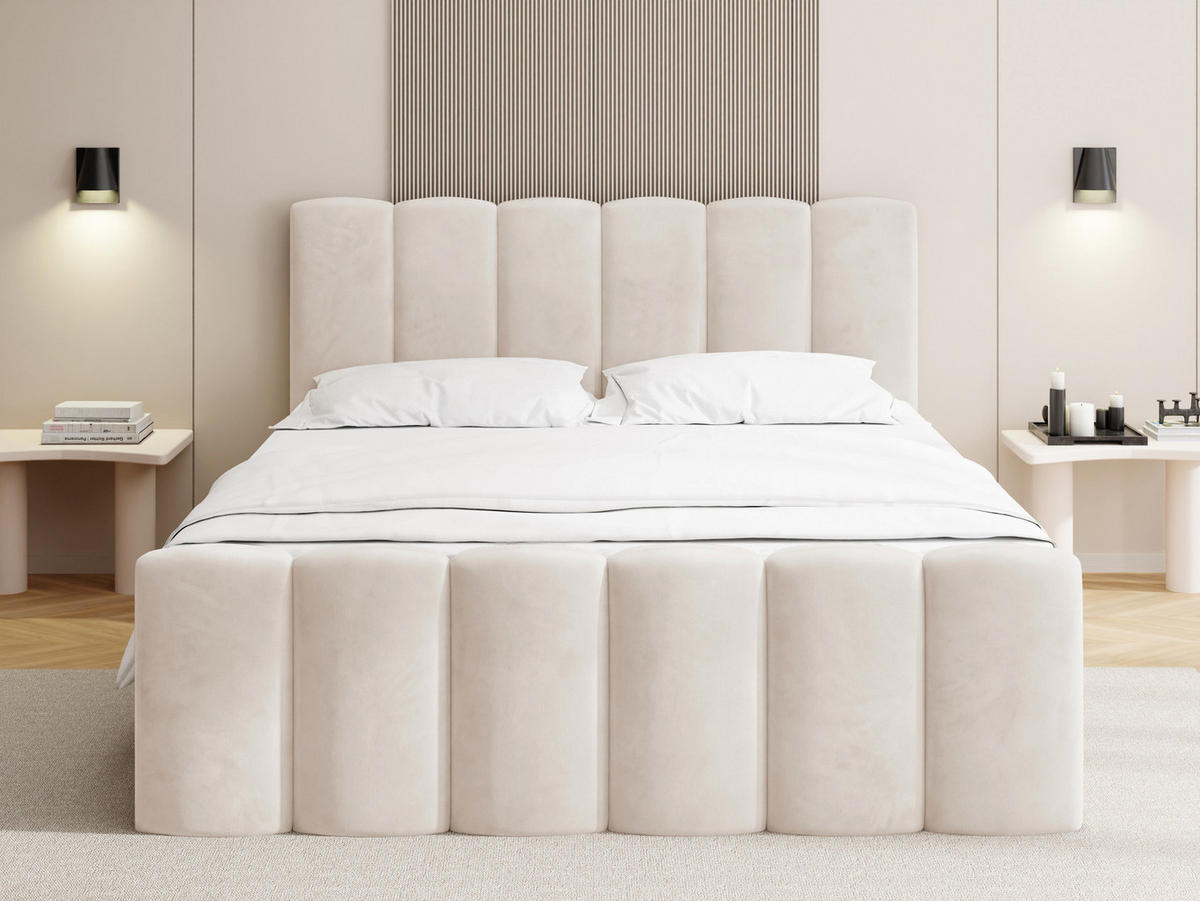 BOXBETT Serenity mit Bettkasten, Samt Beige 140x200 cm – inkl. H4 Taschenfederkern Matratze & Foam Topper - Ecru/Beige, Holz/Holzwerkstoff (140/200cm) - WFL GROUP