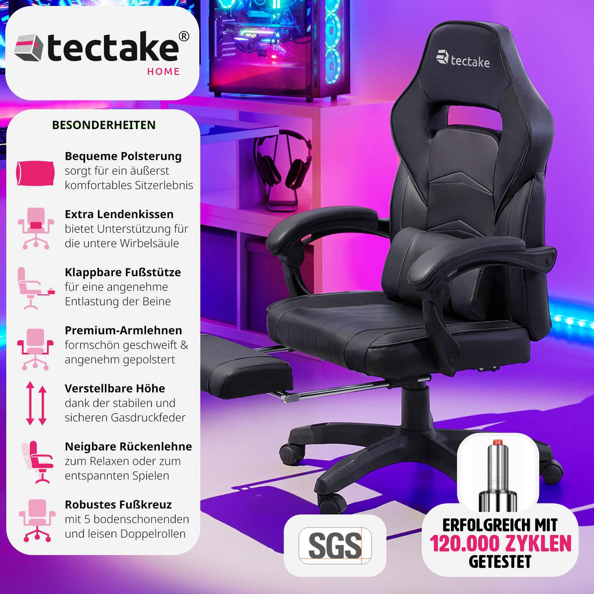 RACING BÜROSTUHL Comodo,inklusive Lendenkissen, Belastbarkeit 120 kg,schwarz/schwarz - Schwarz, Textil (70/127.5/69cm) - tectake