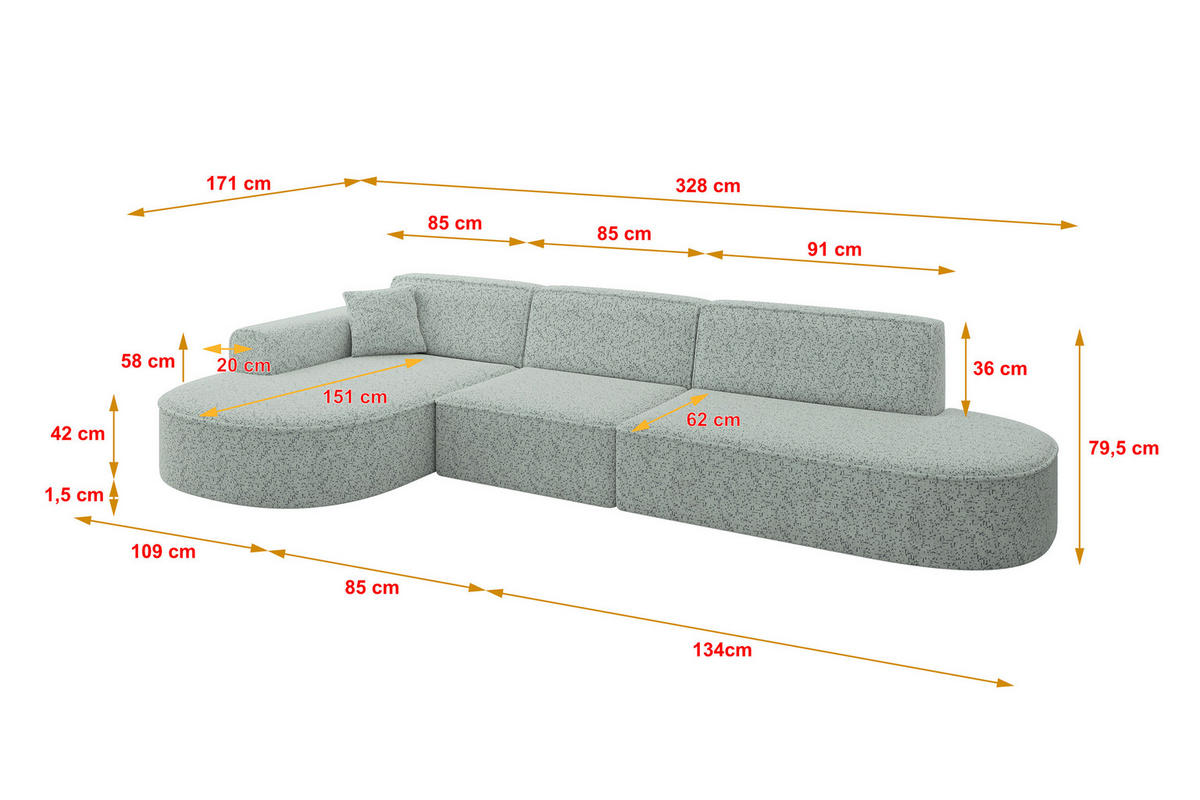 ECKSOFA Ottomane Links MARI-L2 - 328x171x79 cm Grün Tissu - Wildeiche/Schwarz, Holzwerkstoff/Kunststoff (328/171cm) - ALTDECOR
