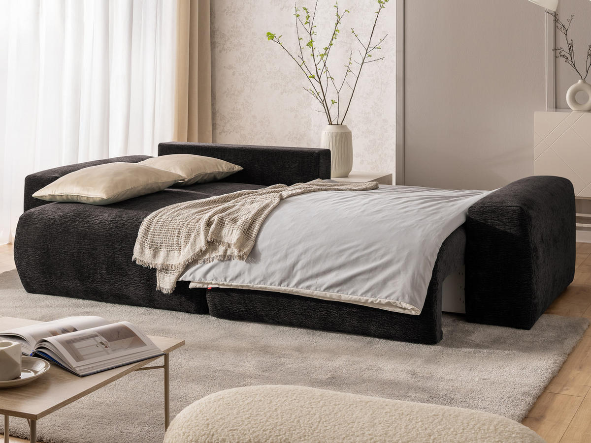 ECKSOFA Puffy mit Schlaffunktion und Bettkasten - besonders weich und puffig aus Braun Stoff mit Chenillestruktur - Ottomane links - Schwarz/Braun, Holz/Kunststoff (138/266cm) - S-Style Möbel