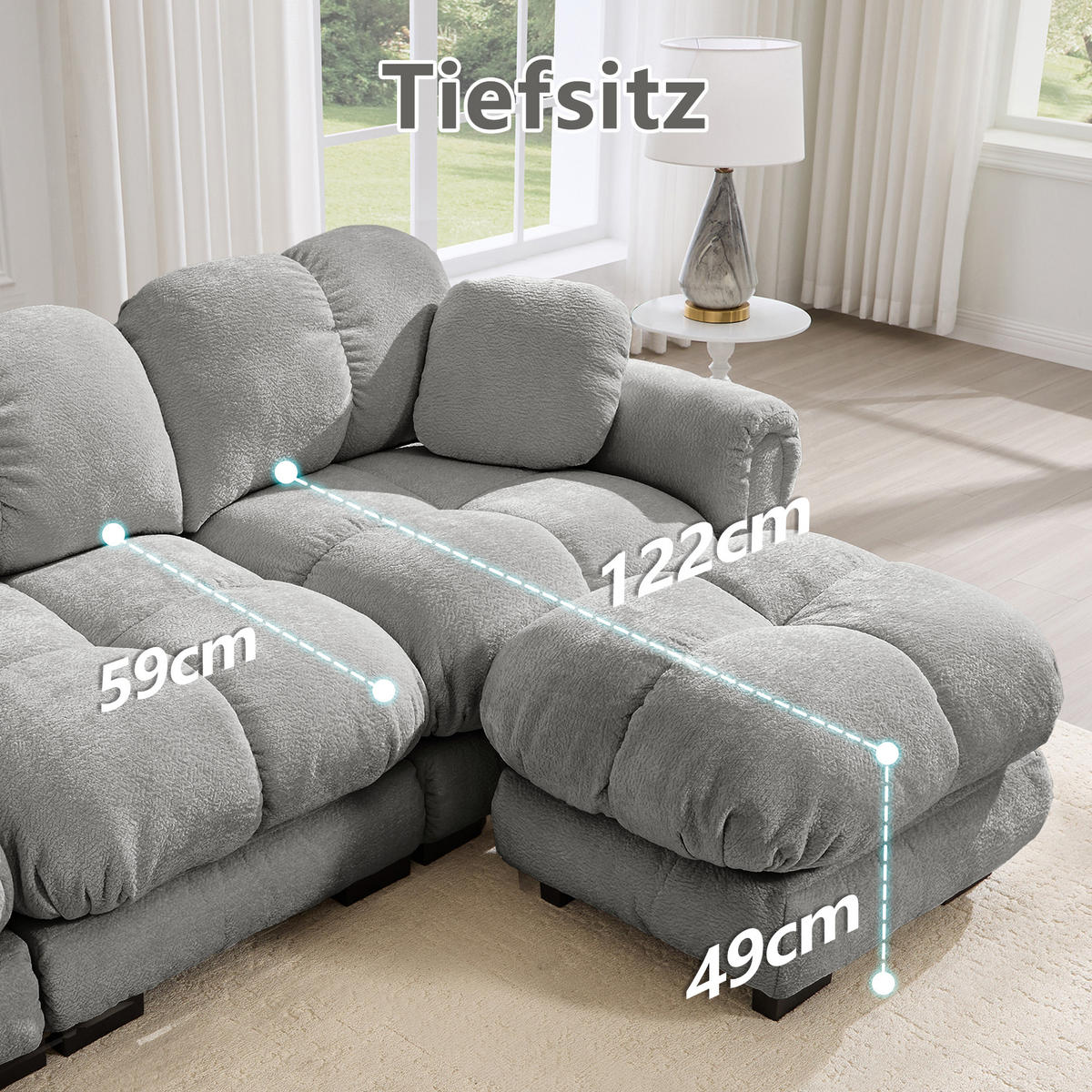 ECKSOFA 330/149/90 cm Hellgrau Cord mit mobiler Ottomane und 2 kleinen Dekokissen - Hellgrau, Textil (330/149cm) - Oxeza