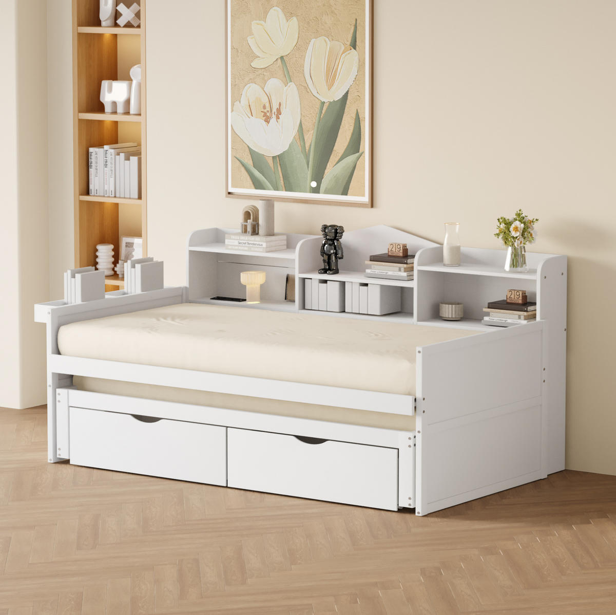 AUSZIEHBETT 90/200 cm in Weiß aus Holzwerkstoff mit Stauraum und USB-Anschluss - Weiß, Holz (90/200cm) - Flora Grace