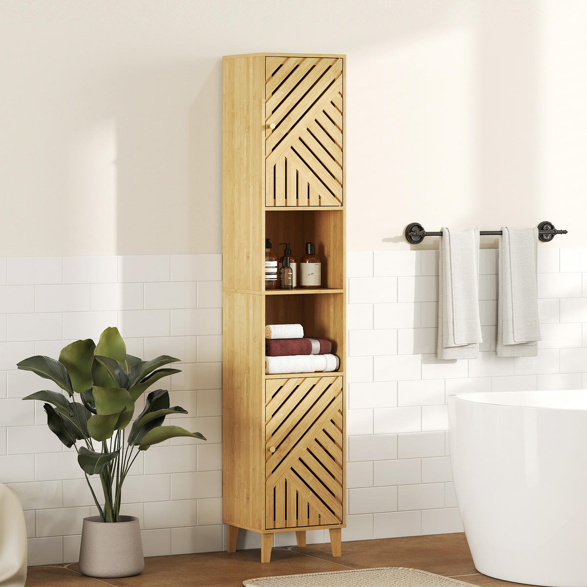 HOCHSCHRANK DE-12485 32/30/170 cm mit Bambustüren Naturholz - Naturfarben, Holzwerkstoff (30/170/32cm) - ComfortXL