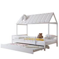 HAUSBETT aus Kiefer und MDF 120x200 cm Weiß mit Rollbett, 3-seitigem Gitter und Dach mit Kaminleiste - Weiß, Holzwerkstoff (120/200cm) - Modfu