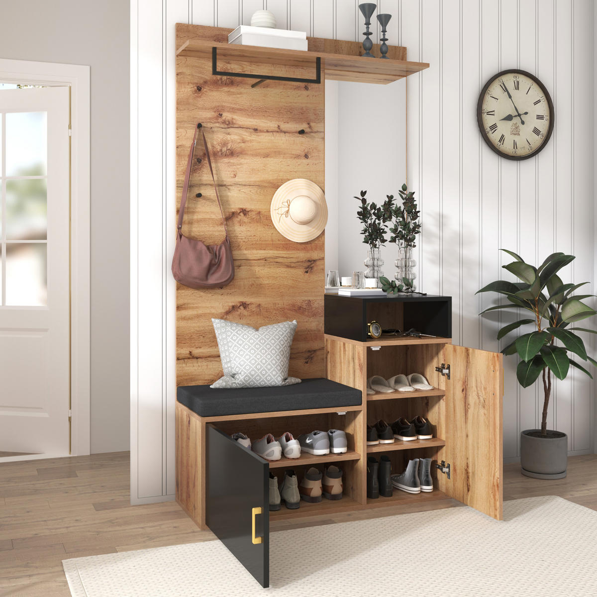 DIELENGARDEROBE mit Spiegel, Sitzbank und 4 Haken 105/40/191,5 cm - Schwarz, Holzwerkstoff (105/191/40cm) - BEAOK