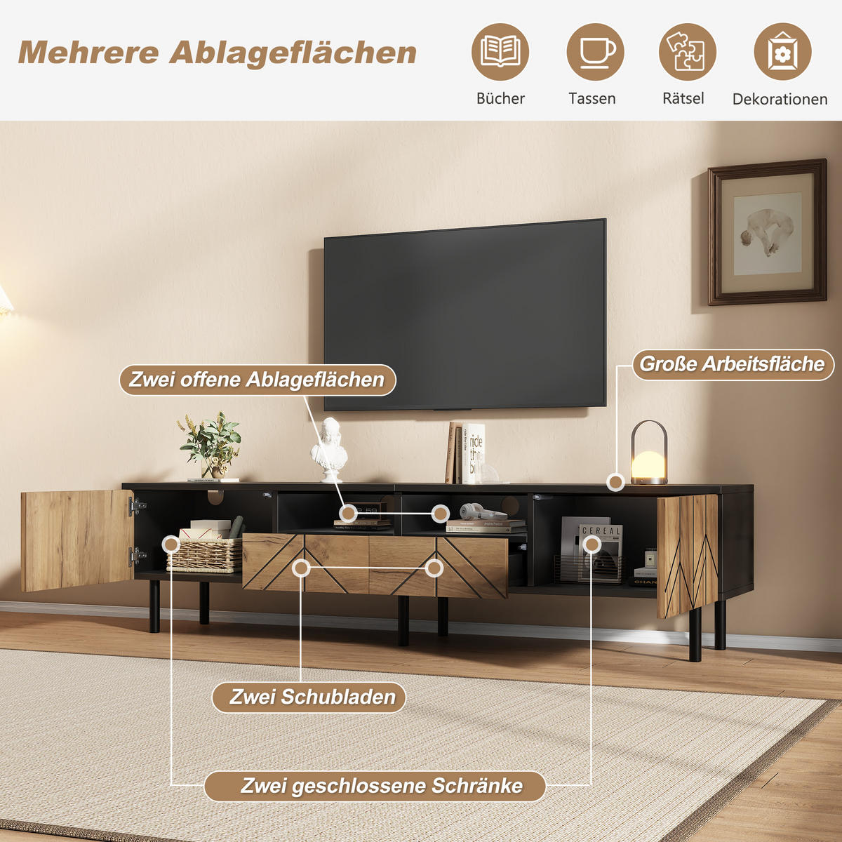 TV-SCHRANK 180cm Schubladen Türen Schwarz Holzoptik Lowboard - Multicolor, Holzwerkstoff (180/45/40cm) - FLIEKS