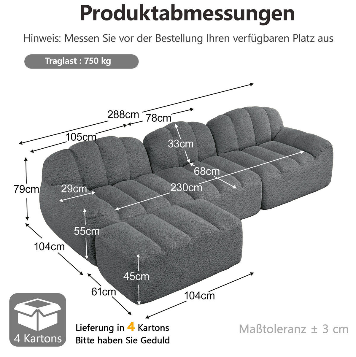 MODULARES Ecksofa mit Ottomane aus granuliertem Fleece Grau 288x165x79 cm, als 3-Sitzer stellbar - Grau, Textil (165/288cm) - IVMEU