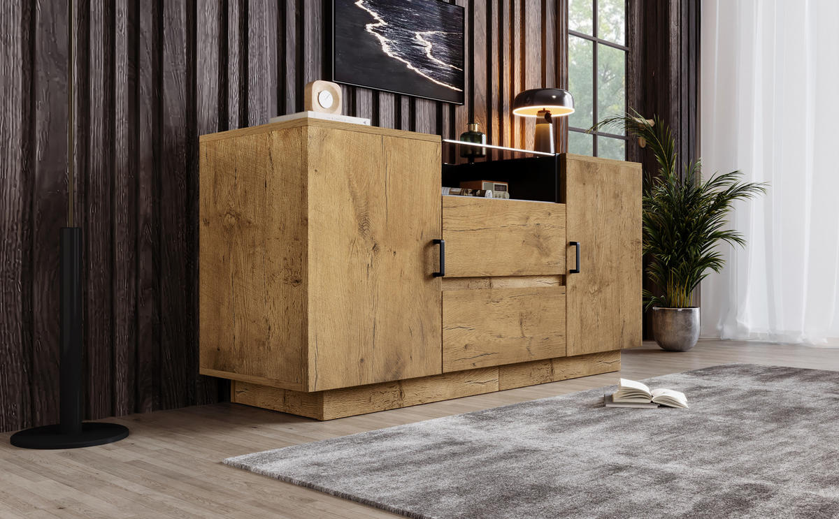 SIDEBOARD in Eichenoptik mit braun getöntem ESG-Glas, 2 Schubladen, 2 Türen und offenem Fach, schwarze Griffe, 140/40/70 cm, Eichenoptik - Eichefarben, Holzwerkstoff (140/70/40cm) - Redom